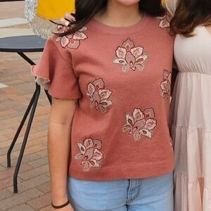 Anthropologie Rust Floral Embroidered Blouse